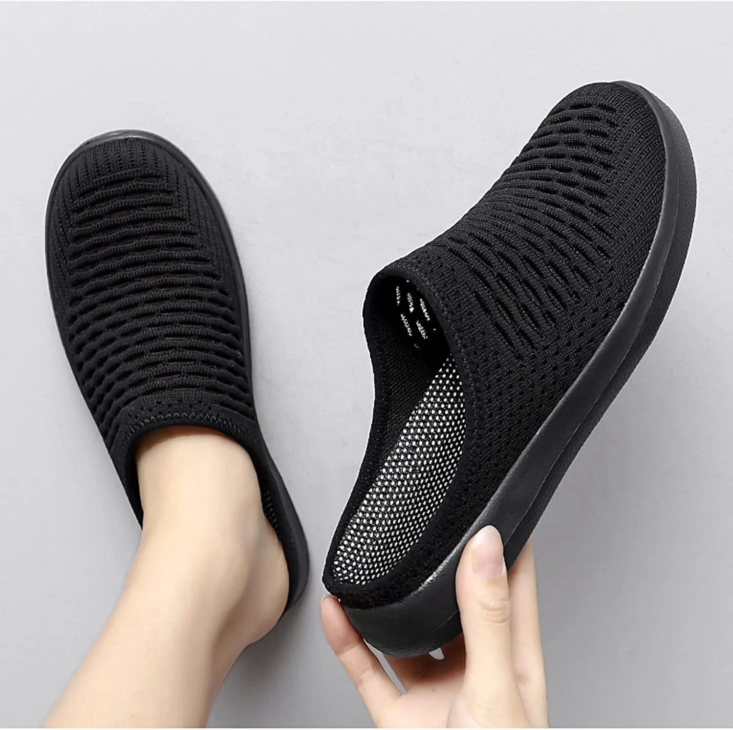 CROSSBABY Women's Knitted Breathable Lightweight Slip-On Sports Mules Comfortable Non-Slip Backless Walking Shoes for Hiking House Traveling