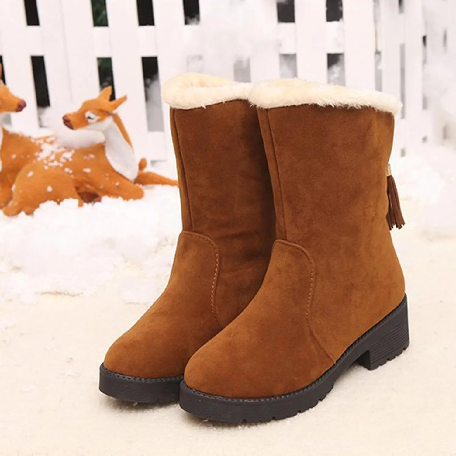 Ctreela Slouchy Mid-Calf Snow Boots for Women Slip on Outdoor Winter Booties Fur Warm Lined Comfort Wide Calf Combat Boot
