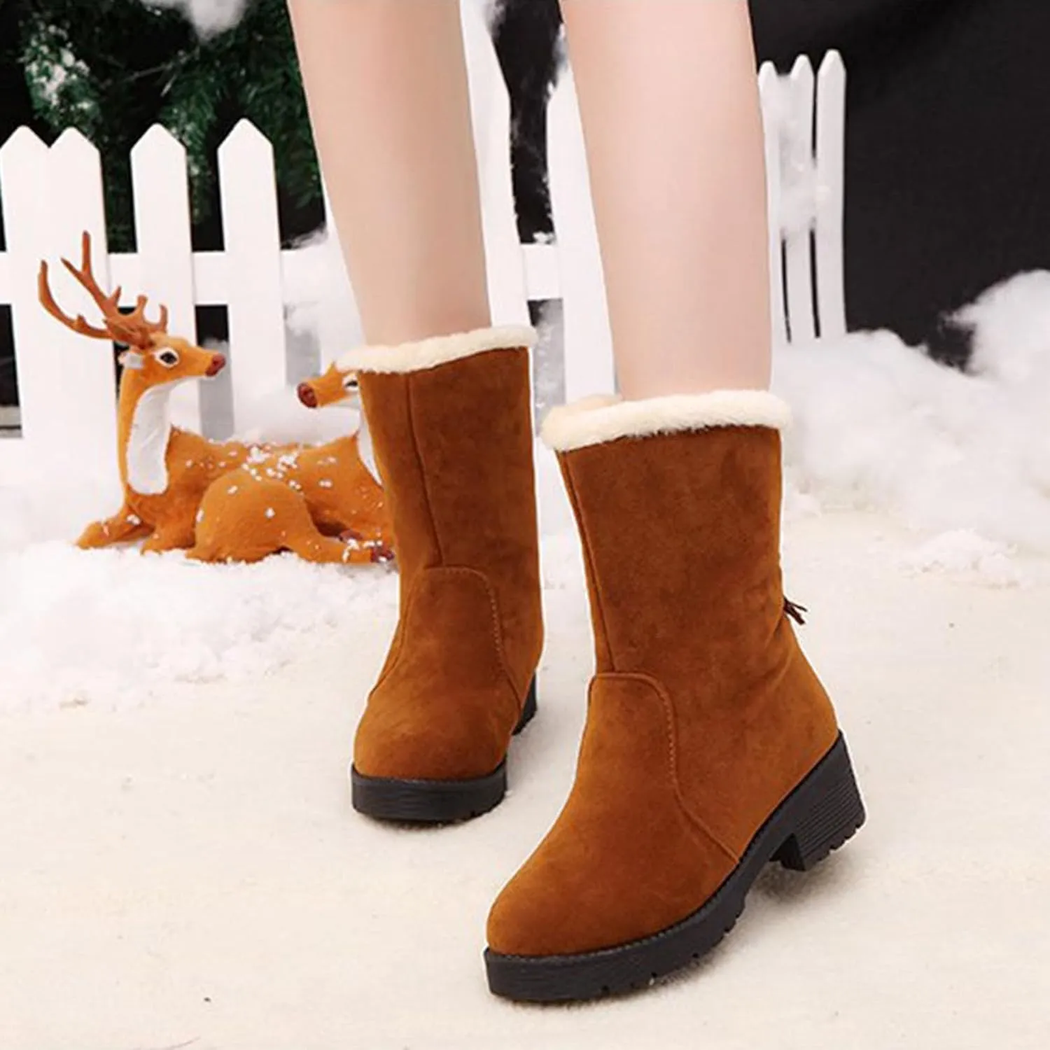 Ctreela Slouchy Mid-Calf Snow Boots for Women Slip on Outdoor Winter Booties Fur Warm Lined Comfort Wide Calf Combat Boot