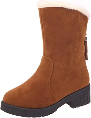 Ctreela Slouchy Mid-Calf Snow Boots for Women Slip on Outdoor Winter Booties Fur Warm Lined Comfort Wide Calf Combat Boot