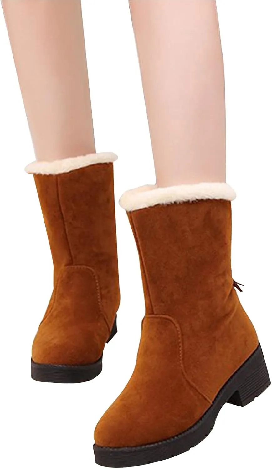 Ctreela Slouchy Mid-Calf Snow Boots for Women Slip on Outdoor Winter Booties Fur Warm Lined Comfort Wide Calf Combat Boot