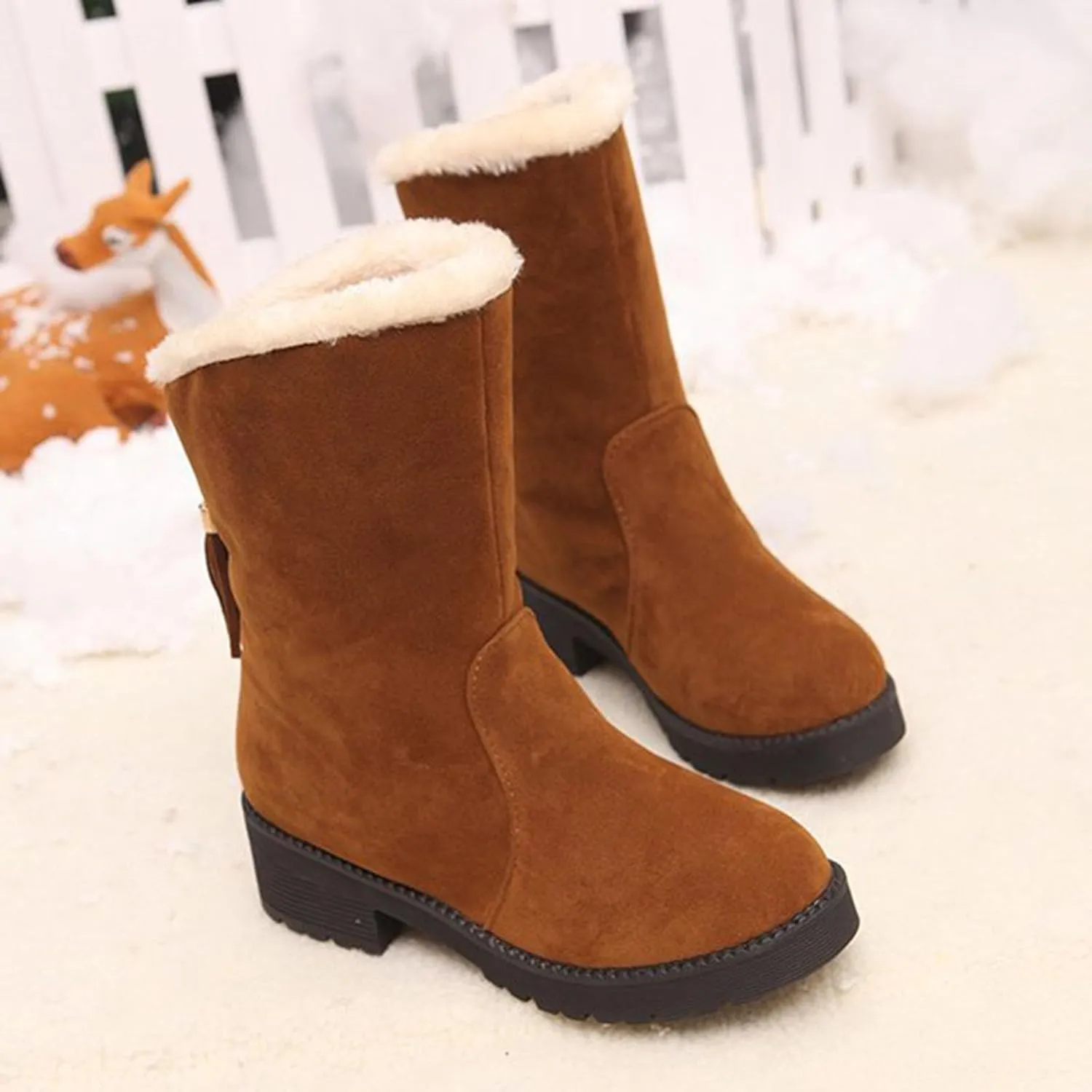 Ctreela Slouchy Mid-Calf Snow Boots for Women Slip on Outdoor Winter Booties Fur Warm Lined Comfort Wide Calf Combat Boot