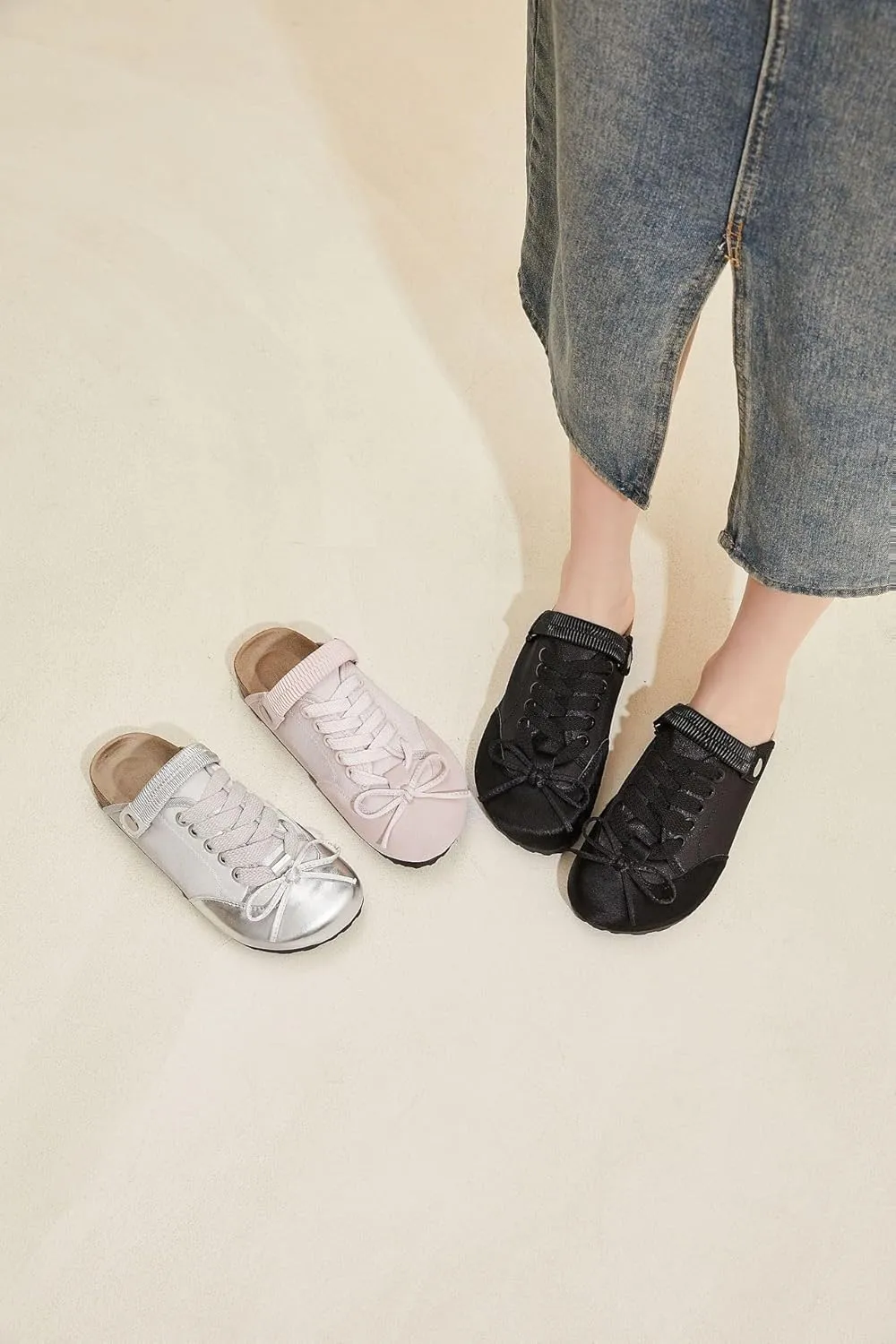 Cute Mules for Women Trendy Flats Ballet Loafers Women Girls with Cute Fashion Bow Decorated Back Strap Low Top Round Toe Shoes - Casual Comfortable Walking Lightweight Slip on All-Match Daily Wear