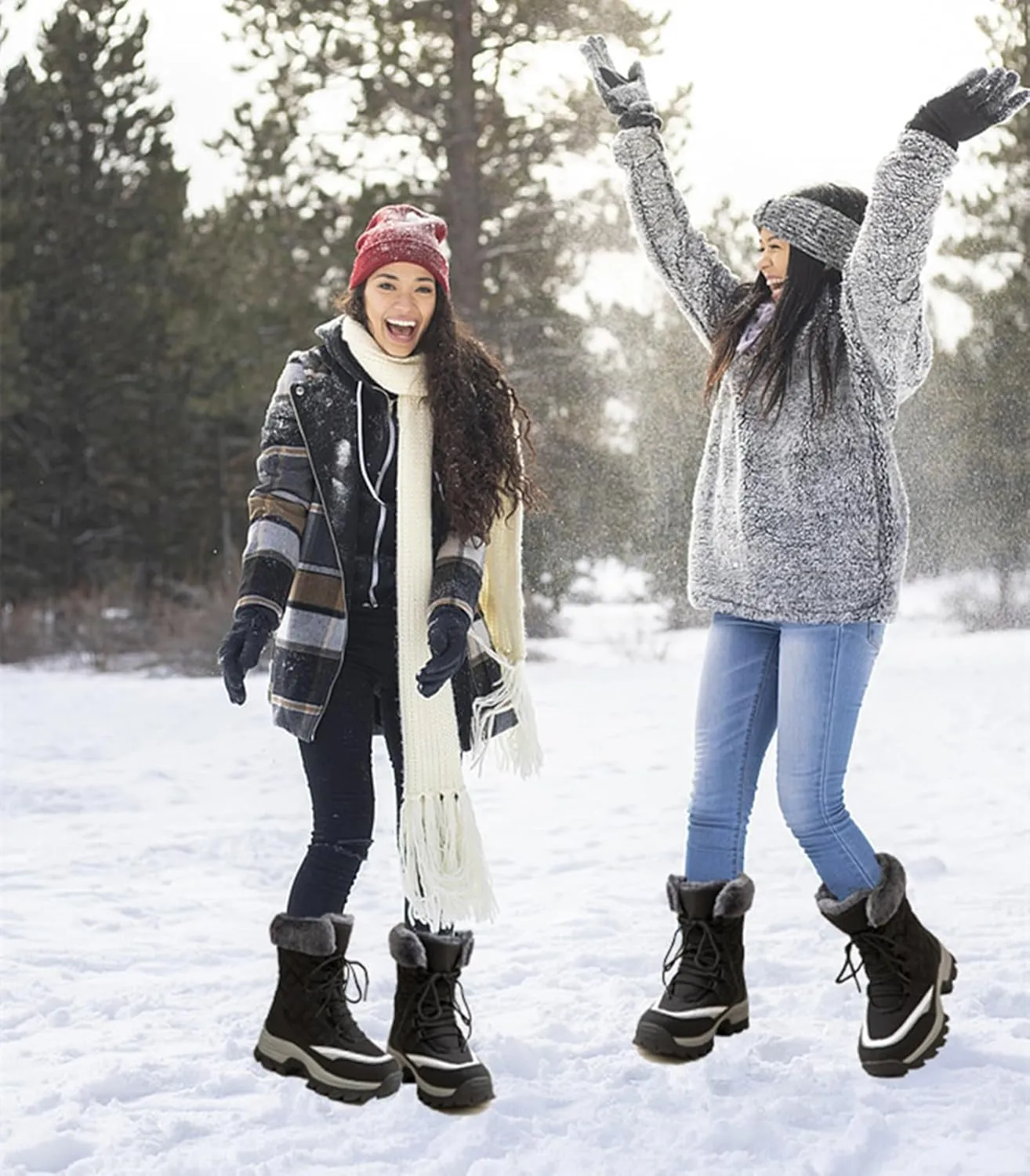 DADAWEN Women's Waterproof Winter Snow Boots Warm Faux Fur Lined Insulated Non-Slip Outdoor Lace-Up Mid Calf Booties