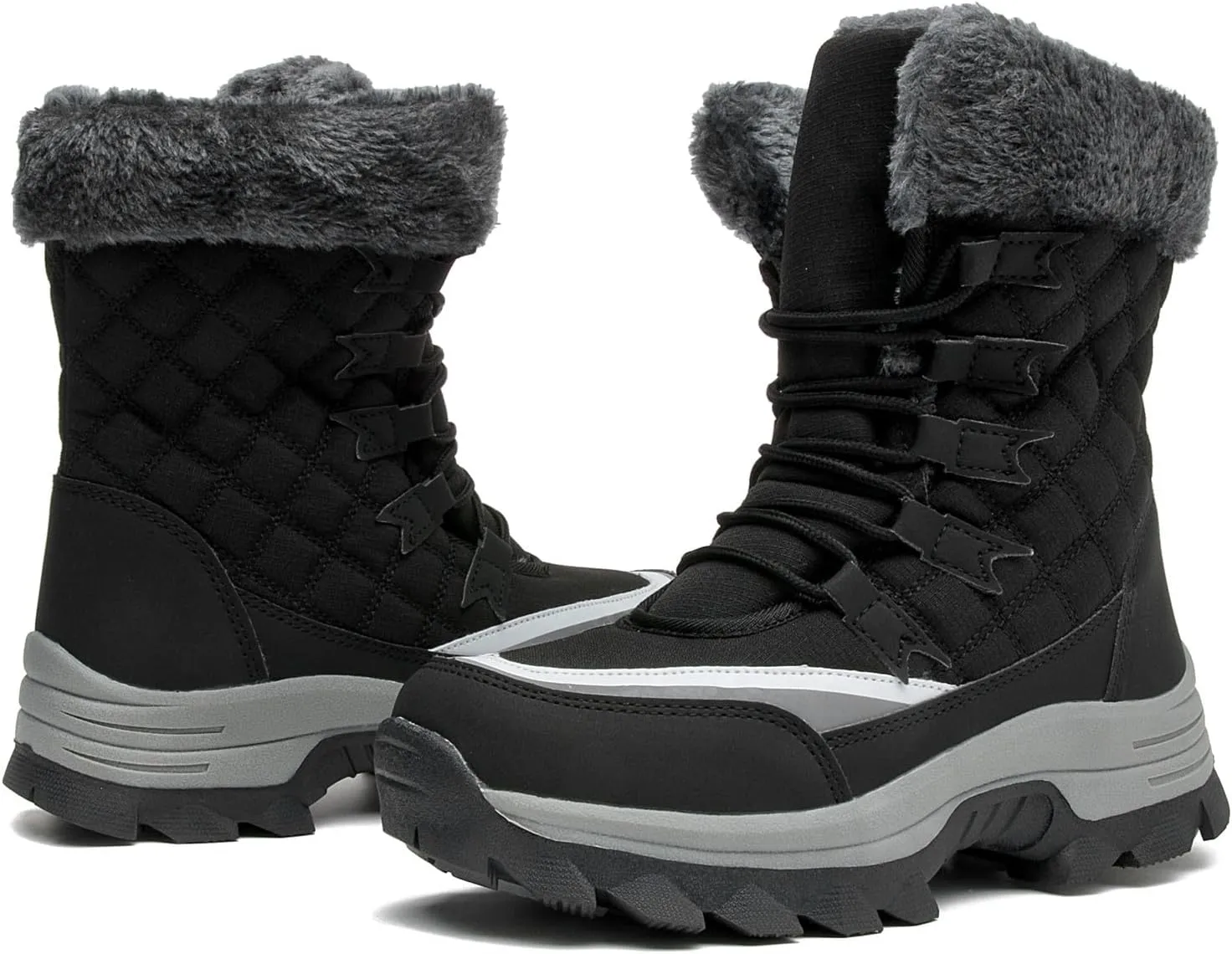 DADAWEN Women's Waterproof Winter Snow Boots Warm Faux Fur Lined Insulated Non-Slip Outdoor Lace-Up Mid Calf Booties