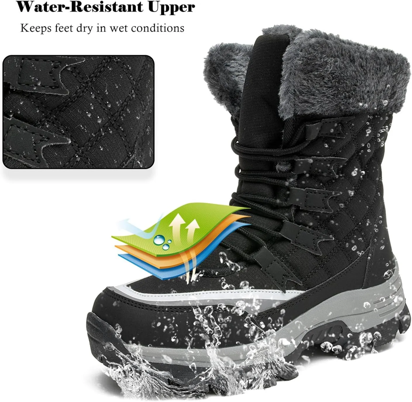 DADAWEN Women's Waterproof Winter Snow Boots Warm Faux Fur Lined Insulated Non-Slip Outdoor Lace-Up Mid Calf Booties