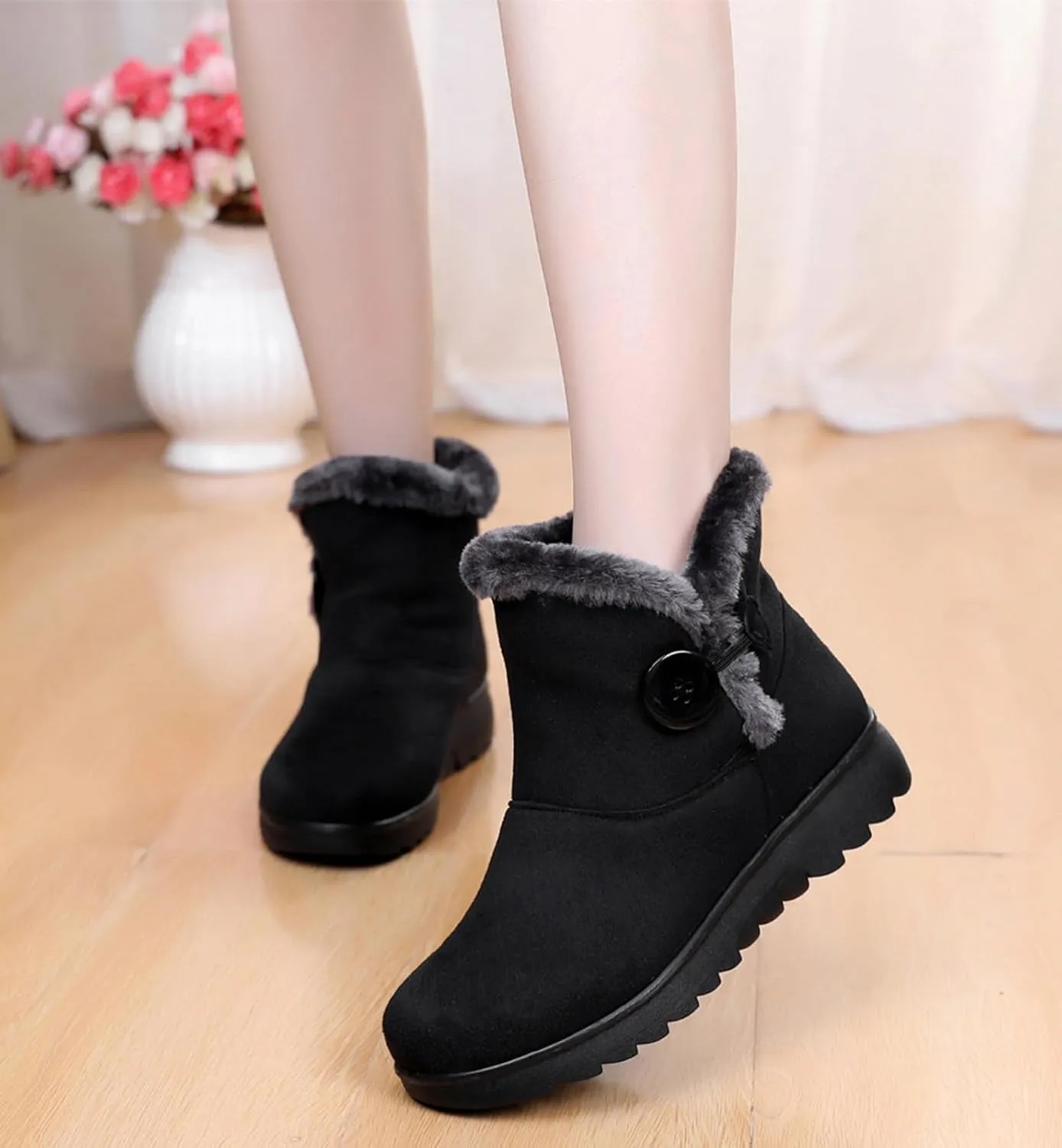 DADAWEN Women's Winter Warm Fur Lined Snow Boots Side Zipper Ankle Boots Outdoor Booties Comfortable Boots for Women