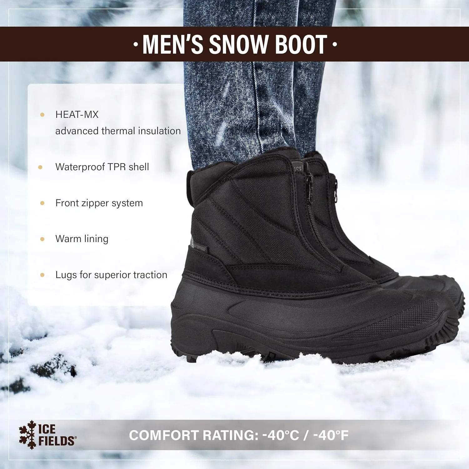 Dale 3 Snow Winter Boots for Men, Warm, Insulated, Waterproof Shell, Front Zipper