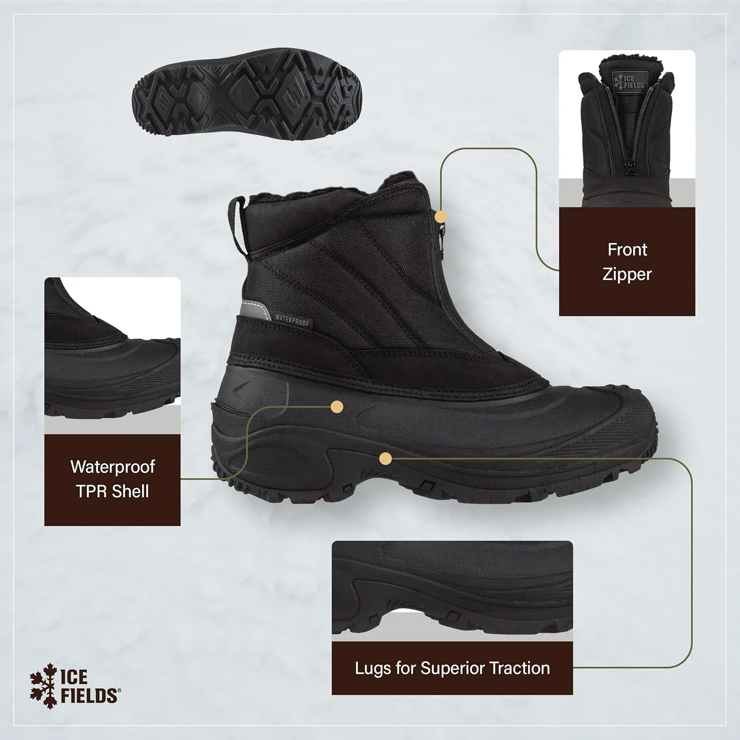 Dale 3 Snow Winter Boots for Men, Warm, Insulated, Waterproof Shell, Front Zipper