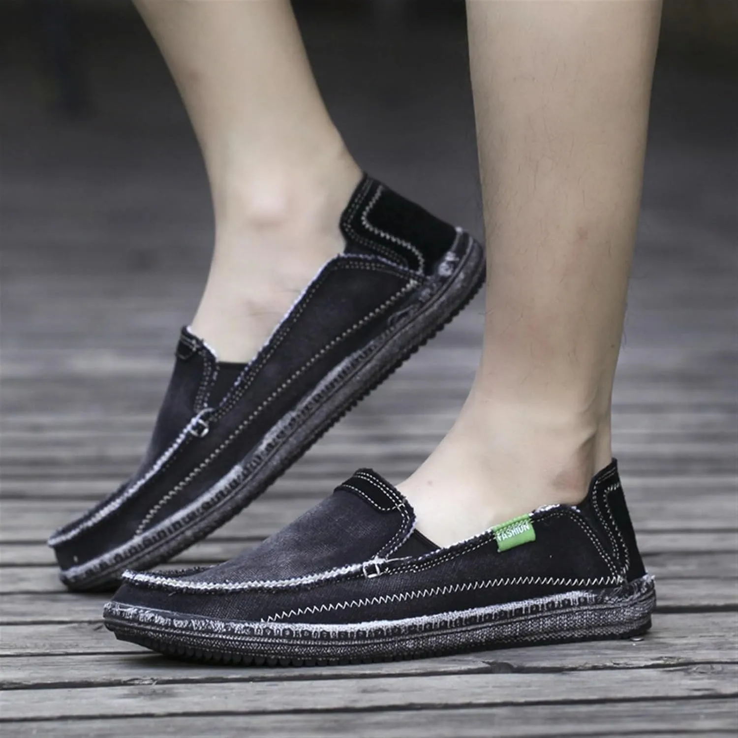 Denim Cloth Washed Loafers for Men's Vintage Slip On Round top Lightweight Casual Shoes Low Top WearResistant Elastic Band Walking Flat Slippers
