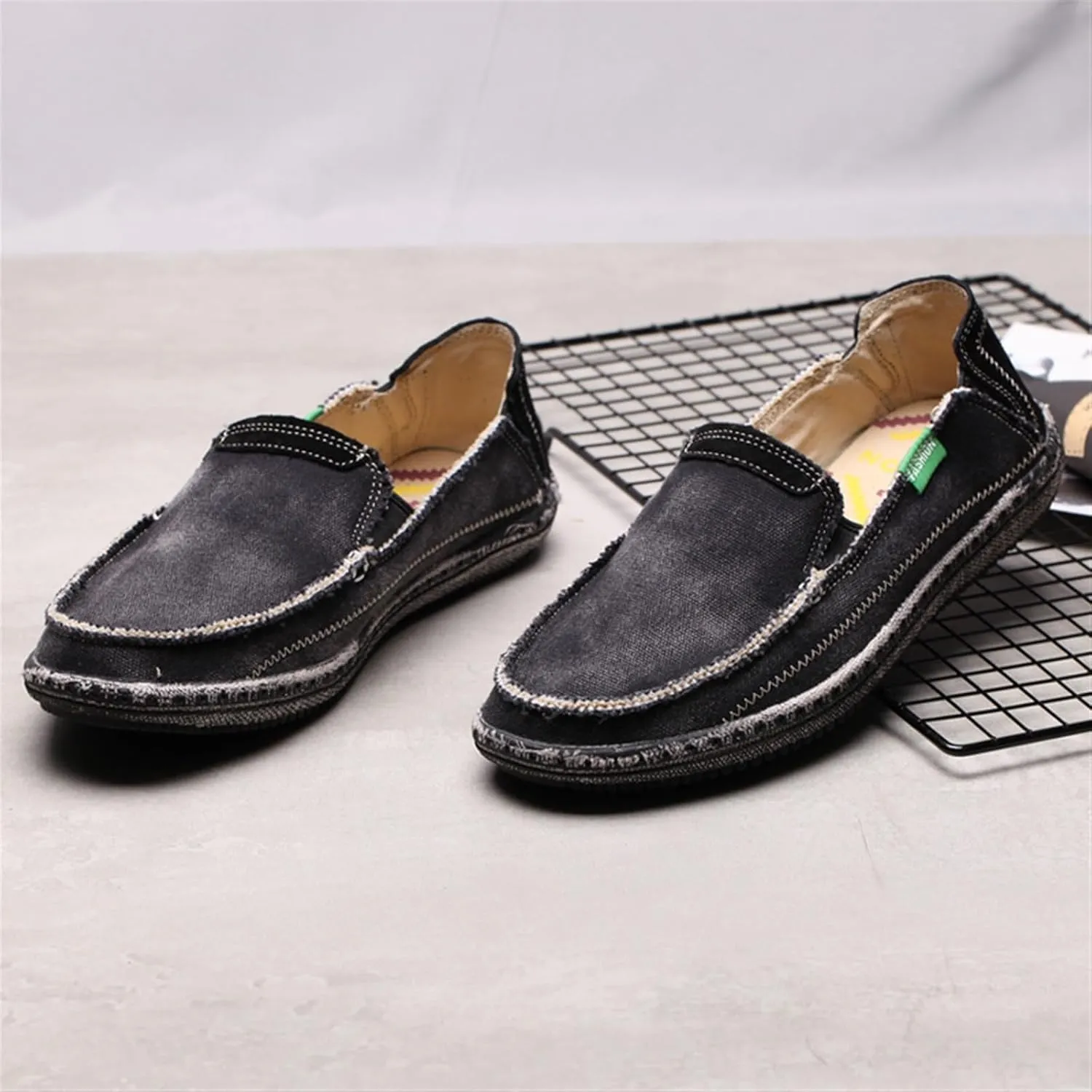Denim Cloth Washed Loafers for Men's Vintage Slip On Round top Lightweight Casual Shoes Low Top WearResistant Elastic Band Walking Flat Slippers