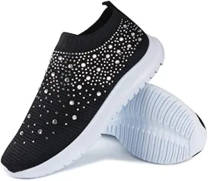 Dimleen Womens Rhinestones Glitter Fashion Mesh Walking Shoe Breathable Slip-on Loafers Non-Slip Orthopedic Arch Support Sock Sneaker (Black,9.5,Women,9.5)