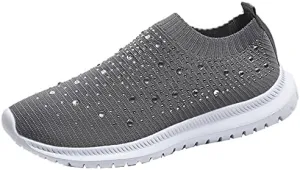 Dimleen Womens Rhinestones Glitter Fashion Mesh Walking Shoe Breathable Slip-on Loafers Non-Slip Orthopedic Arch Support Sock Sneaker (Grey,8.5,Women,8.5)