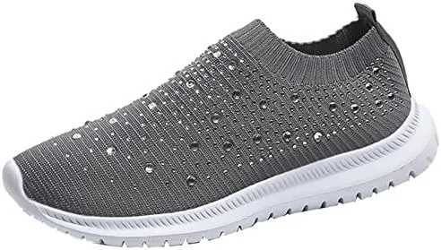 Dimleen Womens Rhinestones Glitter Fashion Mesh Walking Shoe Breathable Slip-on Loafers Non-Slip Orthopedic Arch Support Sock Sneaker (Grey,8.5,Women,8.5)