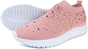 Dimleen Womens Rhinestones Glitter Fashion Mesh Walking Shoe Breathable Slip-on Loafers Non-Slip Orthopedic Arch Support Sock Sneaker (Pink,8.5,Women,8.5)