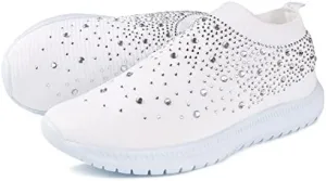 Dimleen Womens Rhinestones Glitter Fashion Mesh Walking Shoe Breathable Slip-on Loafers Non-Slip Orthopedic Arch Support Sock Sneaker (White,9.5,Women,9.5)