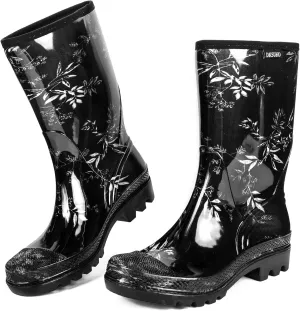DKSUKO Waterproof Womens Rain Boots insulated,Lightweight Rubber fashion Boots in Gardening,Warm and Comfortable Wide Calf Rain Boots with Glossy in Outdoor