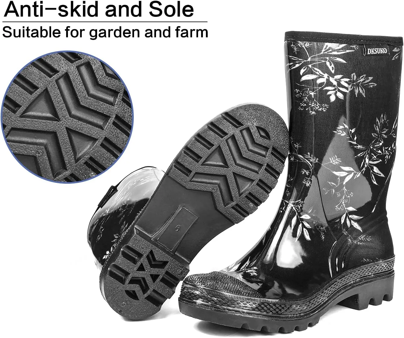DKSUKO Waterproof Womens Rain Boots insulated,Lightweight Rubber fashion Boots in Gardening,Warm and Comfortable Wide Calf Rain Boots with Glossy in Outdoor