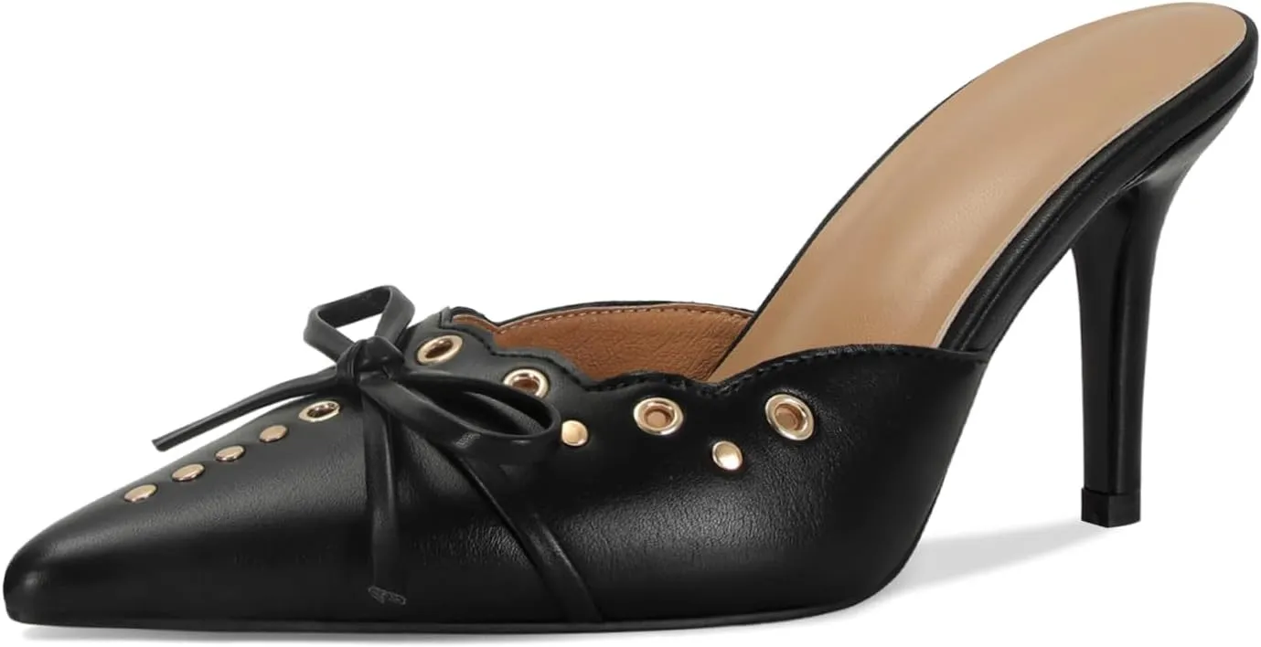 DOEYG Women Pointed Toe Bow Heels Mules Slip on Stiletto Heels Sandals Dress Party Wedding Studded Heels Pumps