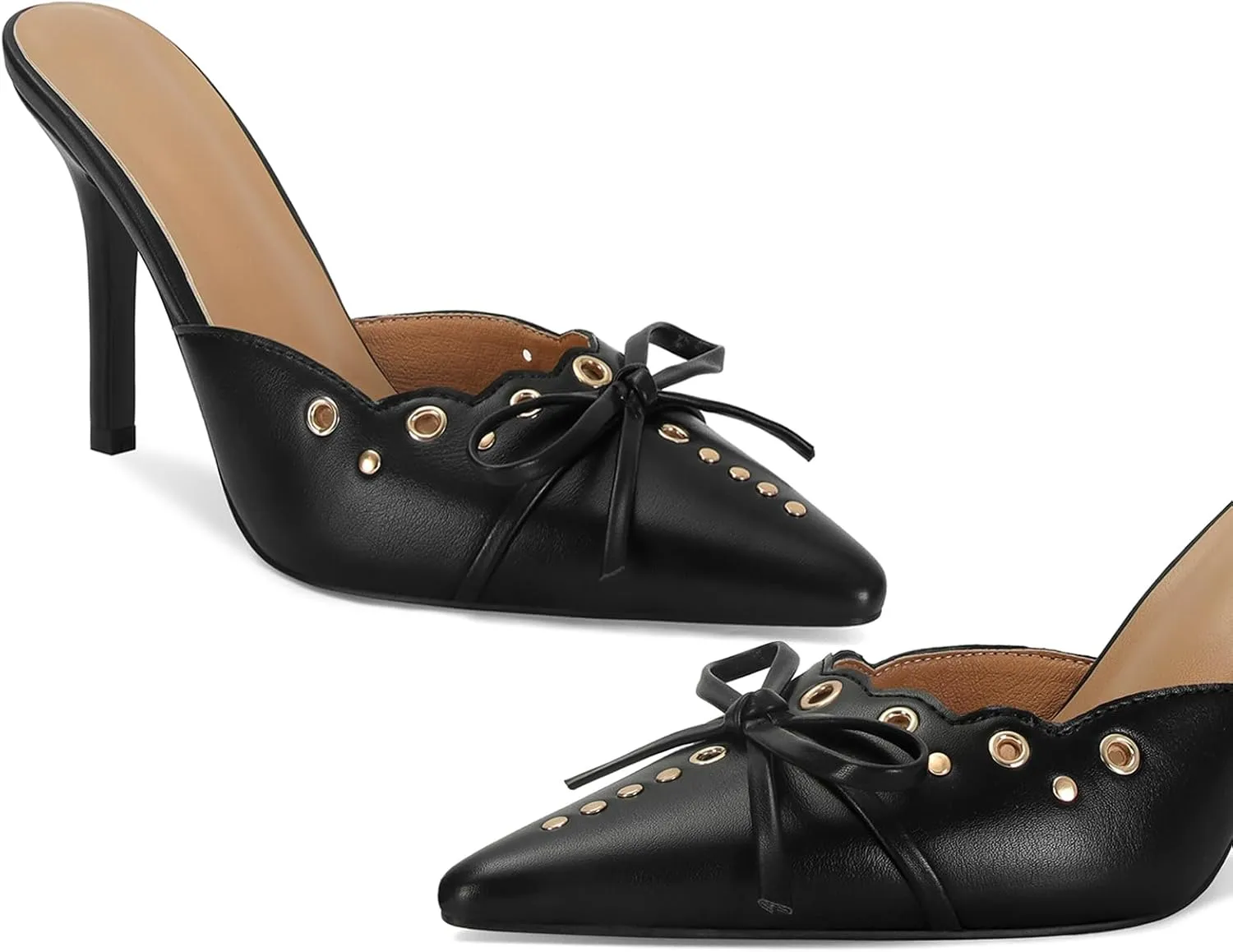 DOEYG Women Pointed Toe Bow Heels Mules Slip on Stiletto Heels Sandals Dress Party Wedding Studded Heels Pumps