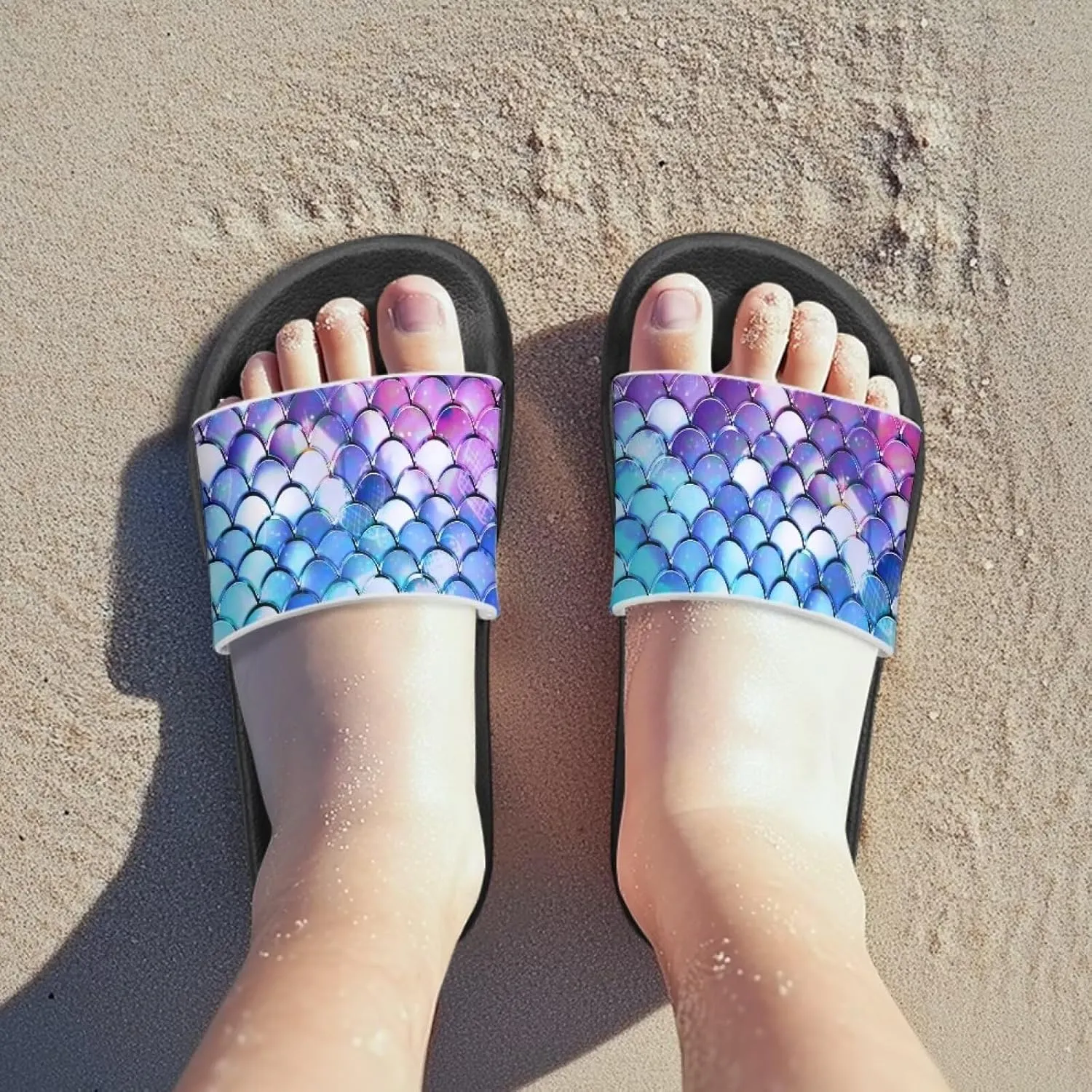 Doojoayie Wide Fit Slides for Kids Girls Colorful Beach Shoes for Water Play Non Slip