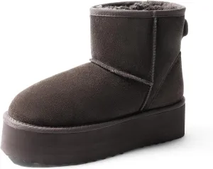 DREAM PAIRS Genuine Suede Classic Platform Boots for Women Water Resistant FuzzyClassic Ankle Winter Snow Low Boots with DIY Bows Faux Fur Lining Memory Foam Anti-Slip