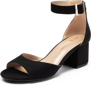 DREAM PAIRS Women's Chunkle Black Suede Low Heel Pump Sandals Ankle Strap Dress Shoes - 8.5 M US