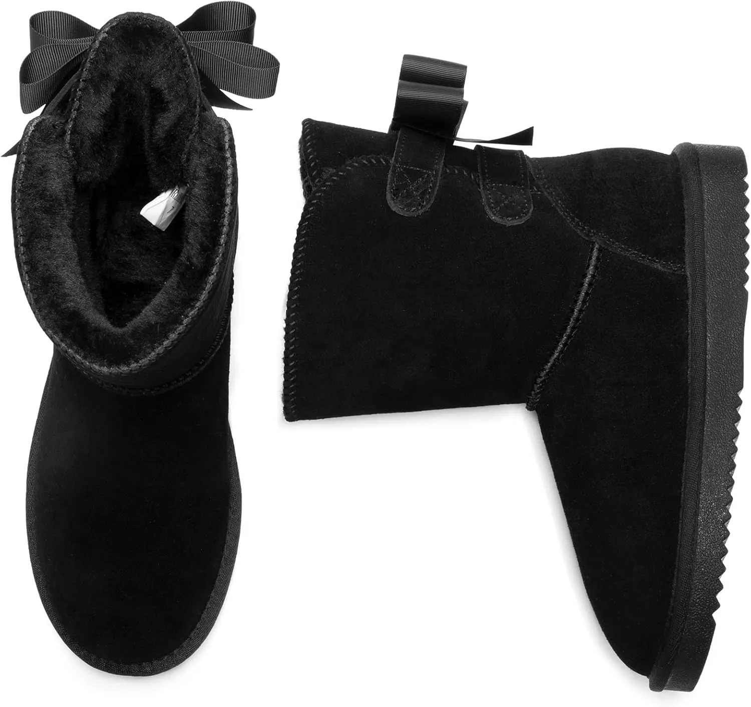 DREAM PAIRS Women's Winter Snow Boots FuzzyChic Bow Genuine Suede Leather Faux Fur Lining Memory Foam Warm Winter Short Booties for Outdoor Indoor