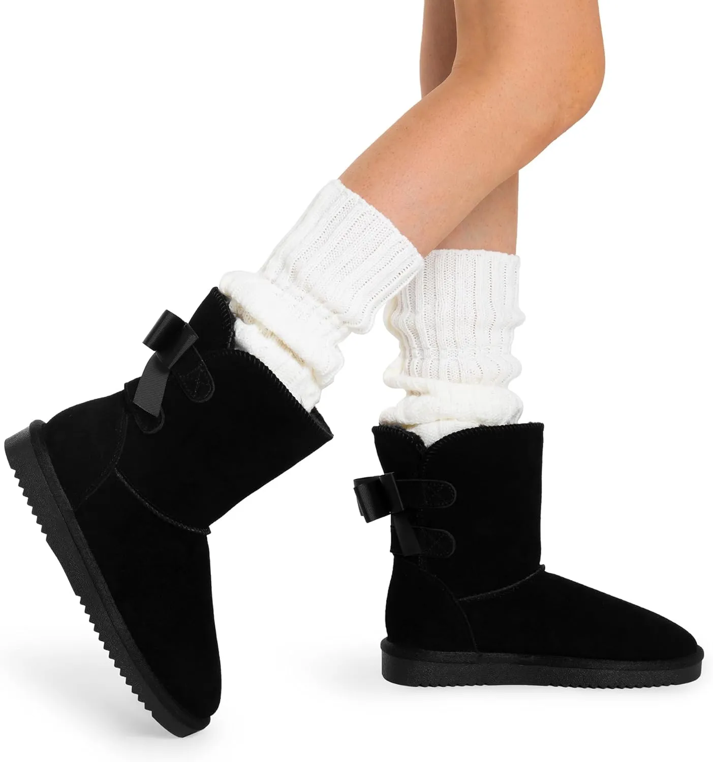 DREAM PAIRS Women's Winter Snow Boots FuzzyChic Bow Genuine Suede Leather Faux Fur Lining Memory Foam Warm Winter Short Booties for Outdoor Indoor
