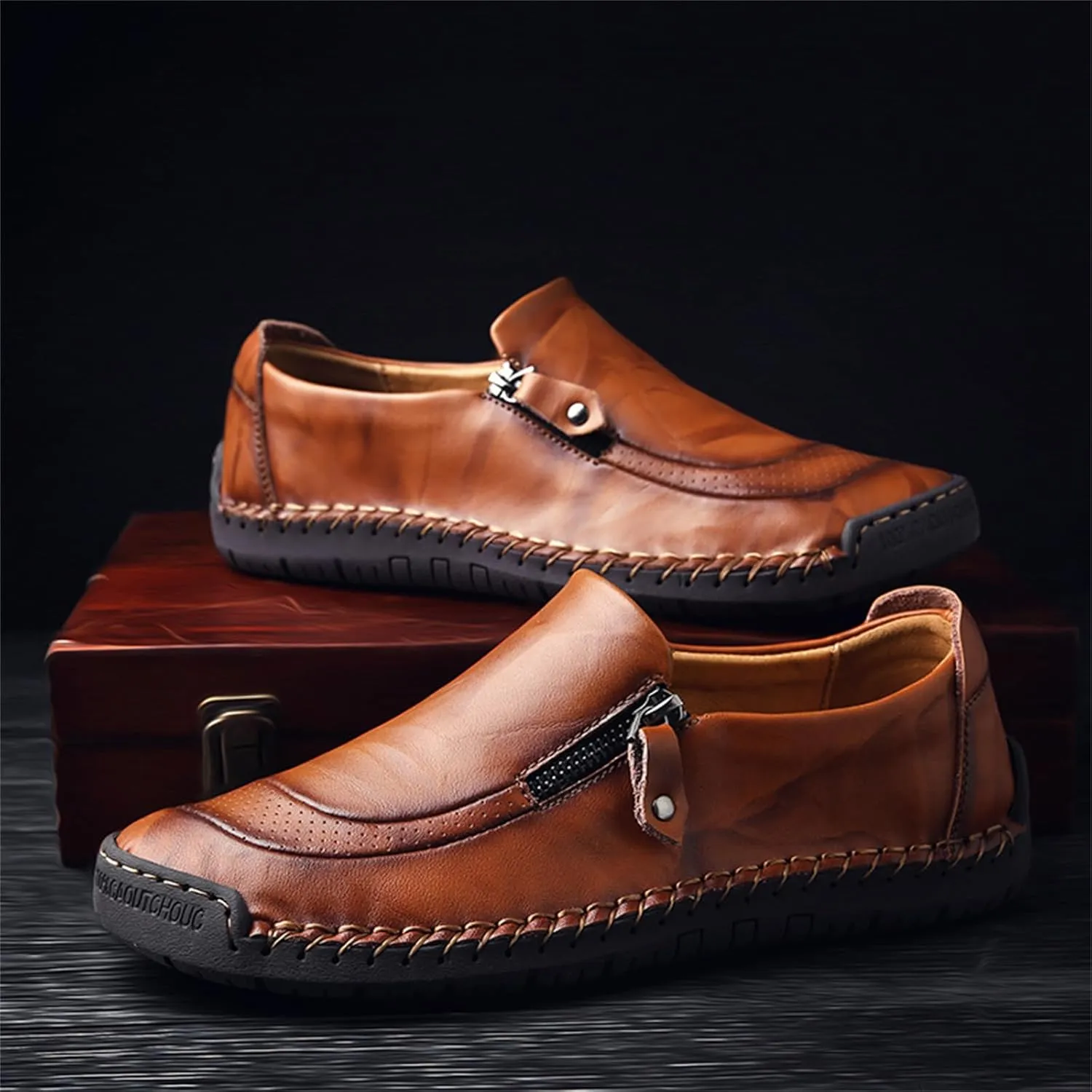 Dress Shoes for Men Lightweight Zipper Slip on Flat Driving Loafers Vintage Walking Slip-on Casual Wedding Oxfords