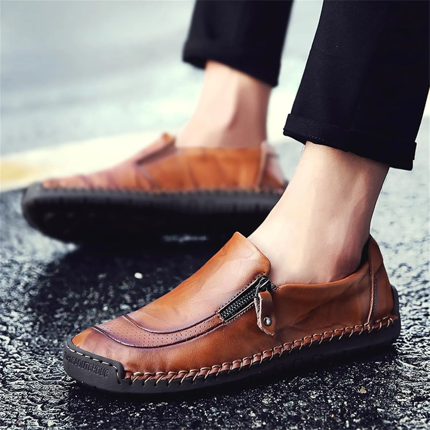 Dress Shoes for Men Lightweight Zipper Slip on Flat Driving Loafers Vintage Walking Slip-on Casual Wedding Oxfords