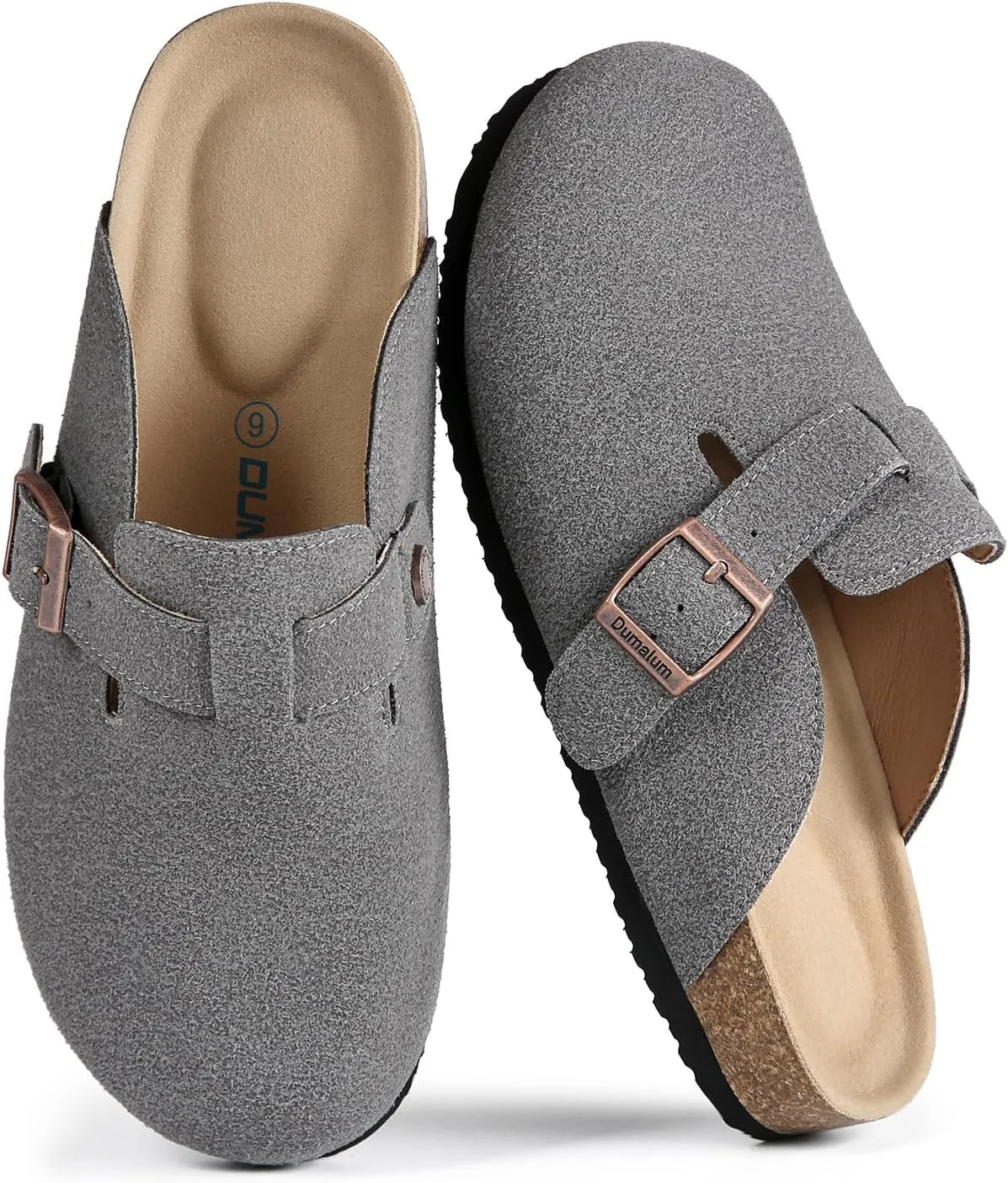 Dumalum Suede Clogs for Women & Men - Comfort Cork Footbed with Arch Support - Adjustable Buckle Mules Slip-On Sandals Unisex Potato Shoes Home Slippers