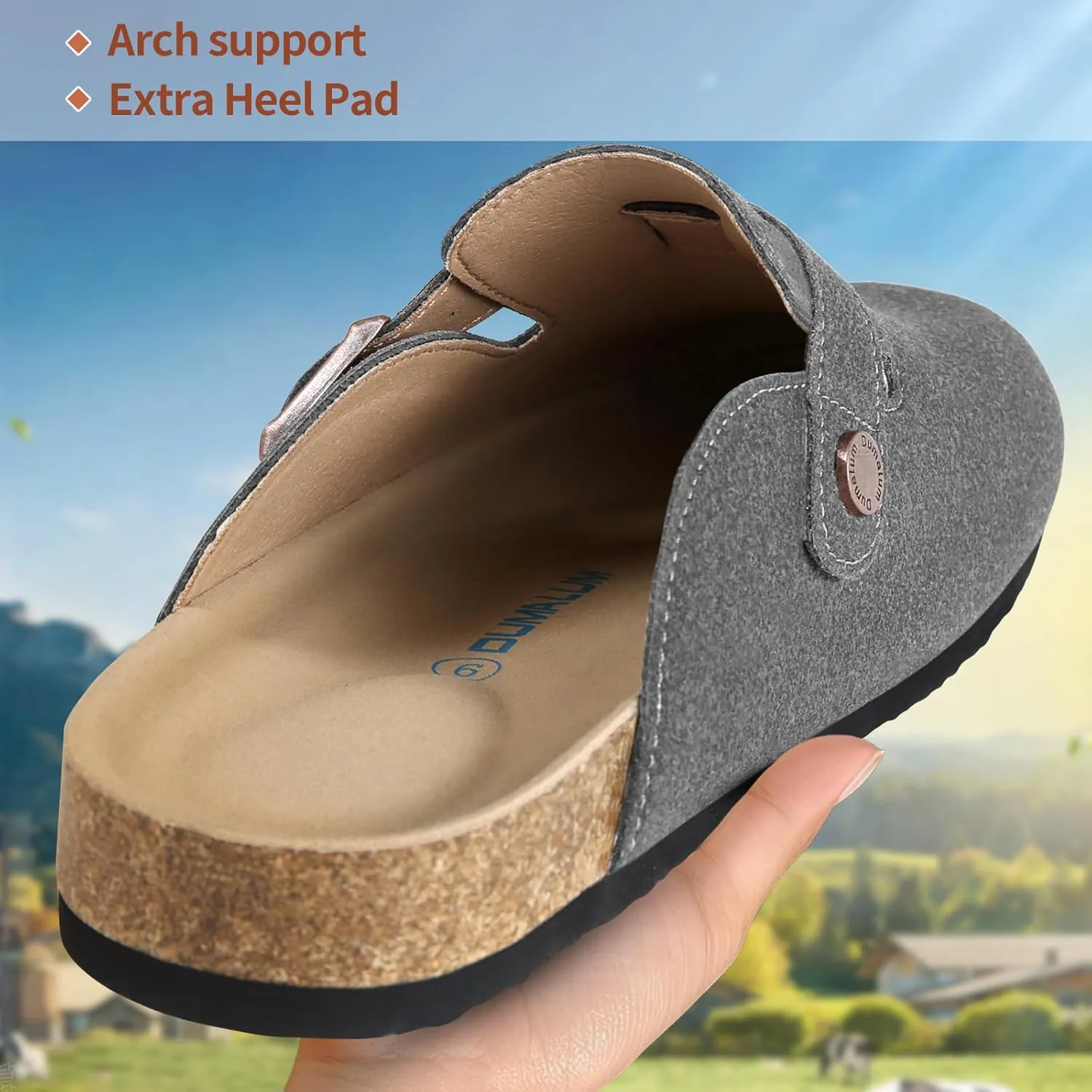 Dumalum Suede Clogs for Women & Men - Comfort Cork Footbed with Arch Support - Adjustable Buckle Mules Slip-On Sandals Unisex Potato Shoes Home Slippers