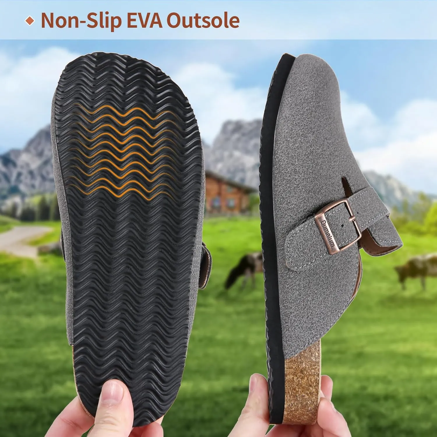Dumalum Suede Clogs for Women & Men - Comfort Cork Footbed with Arch Support - Adjustable Buckle Mules Slip-On Sandals Unisex Potato Shoes Home Slippers