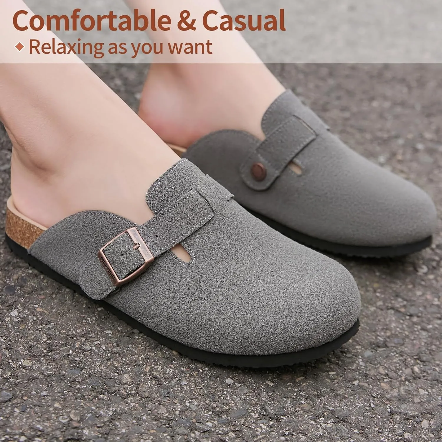 Dumalum Suede Clogs for Women & Men - Comfort Cork Footbed with Arch Support - Adjustable Buckle Mules Slip-On Sandals Unisex Potato Shoes Home Slippers