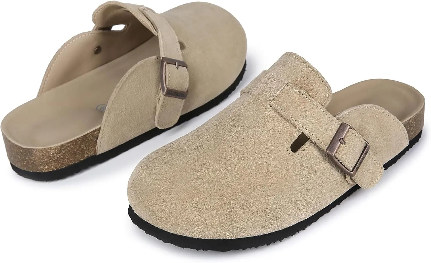 Dumalum Suede Clogs for Women and Men - Adjustable Buckle Slip-on Cork Footbed Mules with Antislip Sole - Unisex Slippers