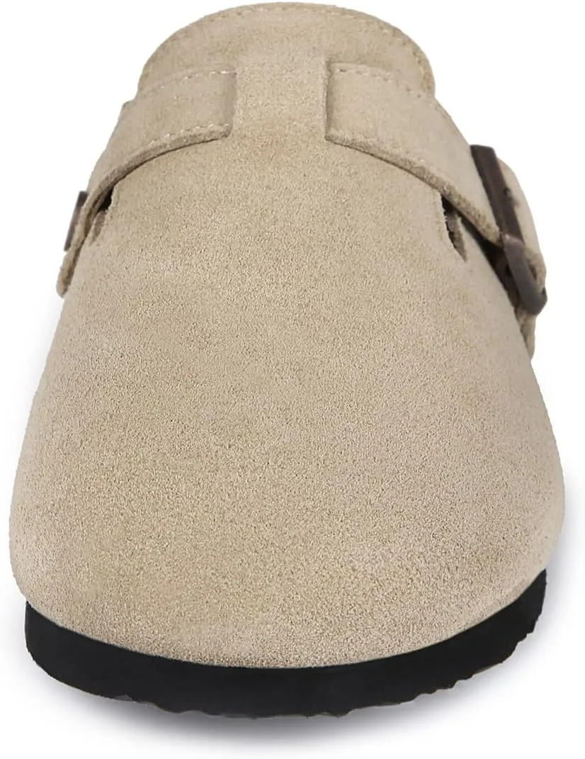 Dumalum Suede Clogs for Women and Men - Adjustable Buckle Slip-on Cork Footbed Mules with Antislip Sole - Unisex Slippers