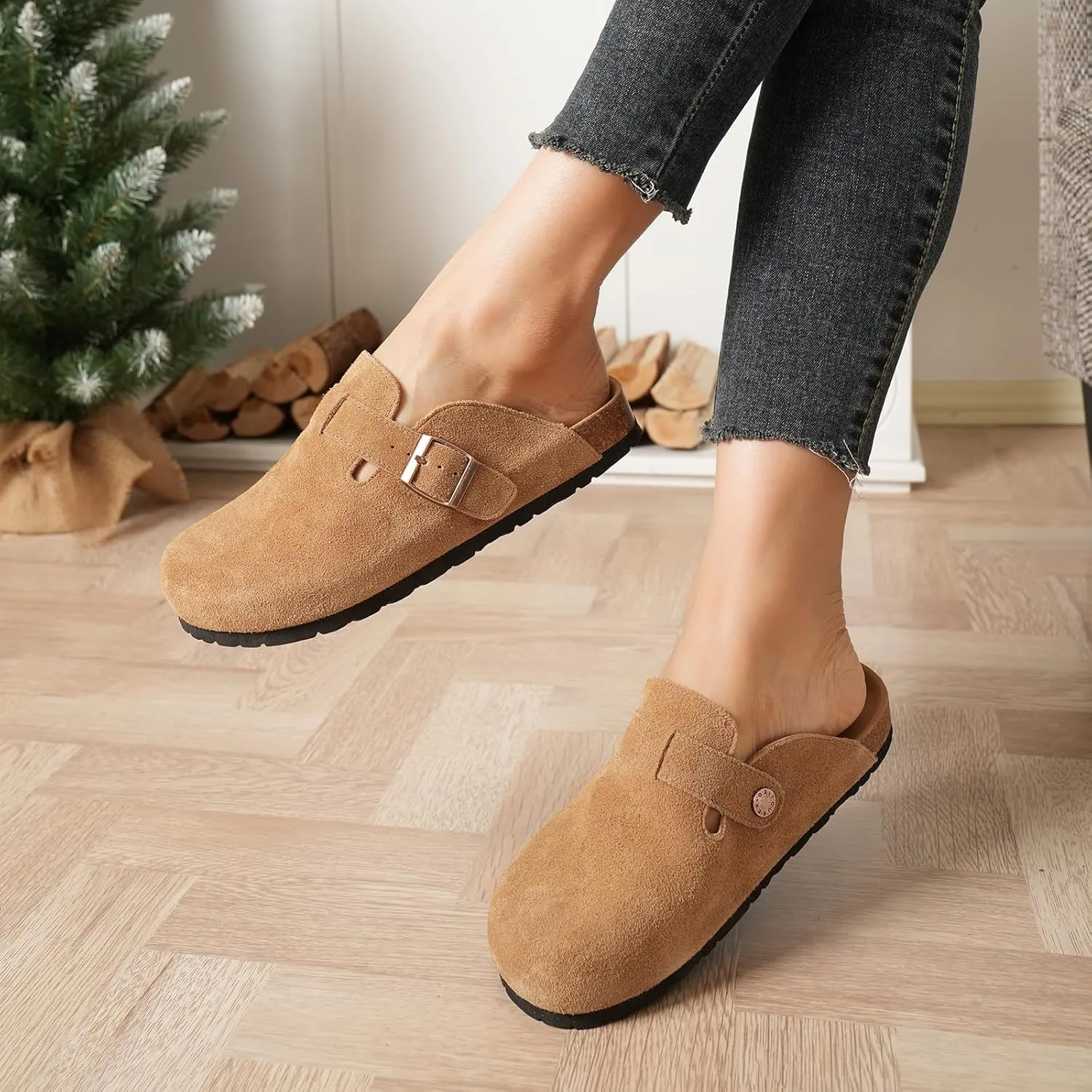 Dumalum Suede Clogs for Women and Men - Adjustable Buckle Slip-on Cork Footbed Mules with Antislip Sole - Unisex Slippers