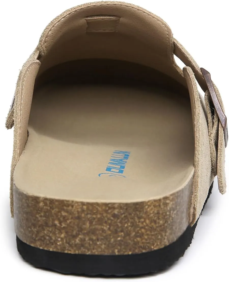 Dumalum Suede Clogs for Women and Men - Adjustable Buckle Slip-on Cork Footbed Mules with Antislip Sole - Unisex Slippers