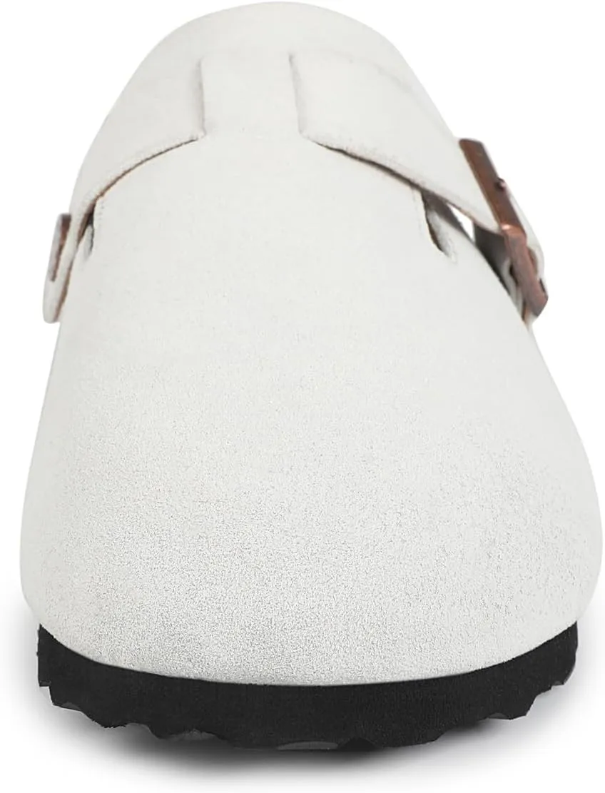 Dumalum Suede Clogs for Women and Men - Adjustable Buckle Slip-on Cork Footbed Mules with Antislip Sole - Unisex Slippers