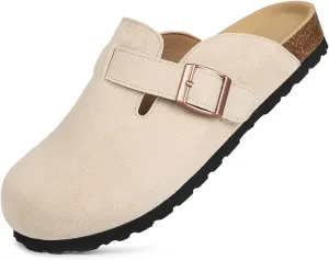 Dumalum Suede Clogs for Women and Men - Adjustable Buckle Slip-on Cork Footbed Mules with Antislip Sole - Unisex Slippers