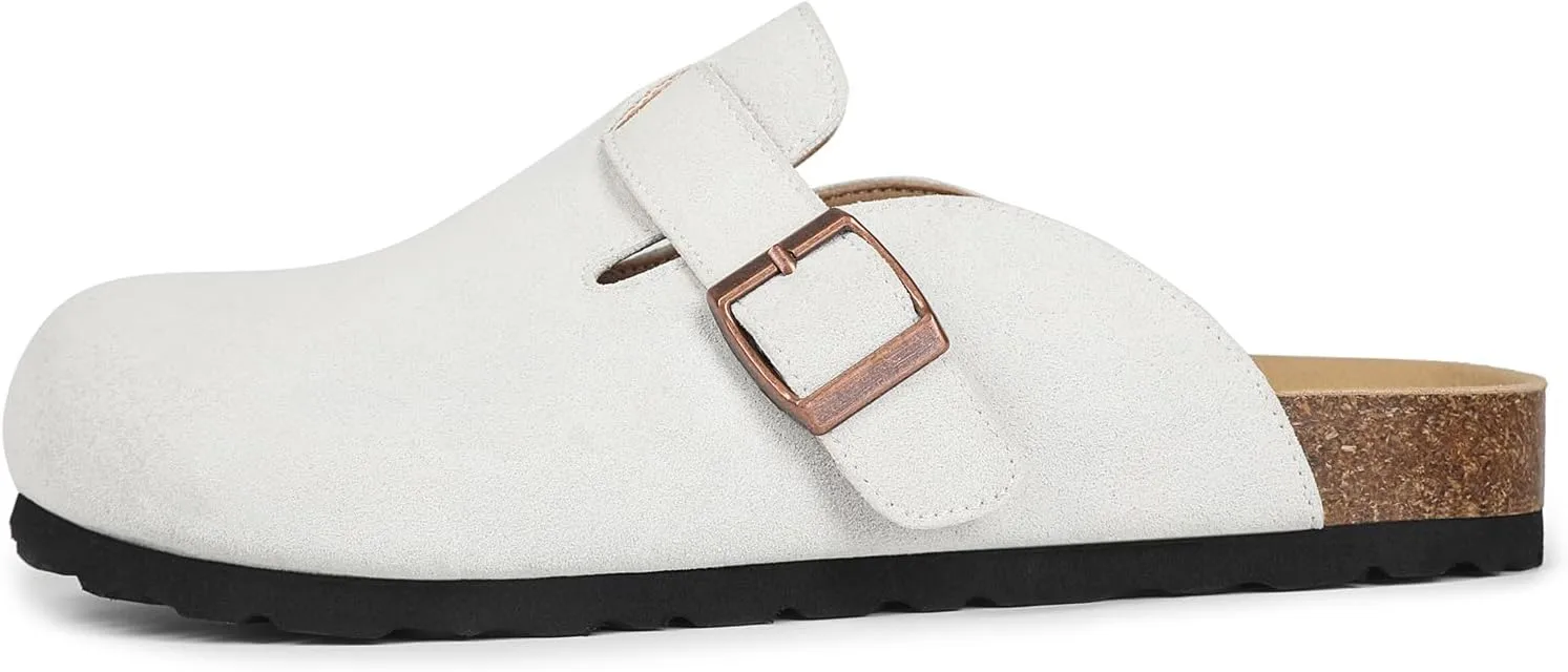 Dumalum Suede Clogs for Women and Men - Adjustable Buckle Slip-on Cork Footbed Mules with Antislip Sole - Unisex Slippers