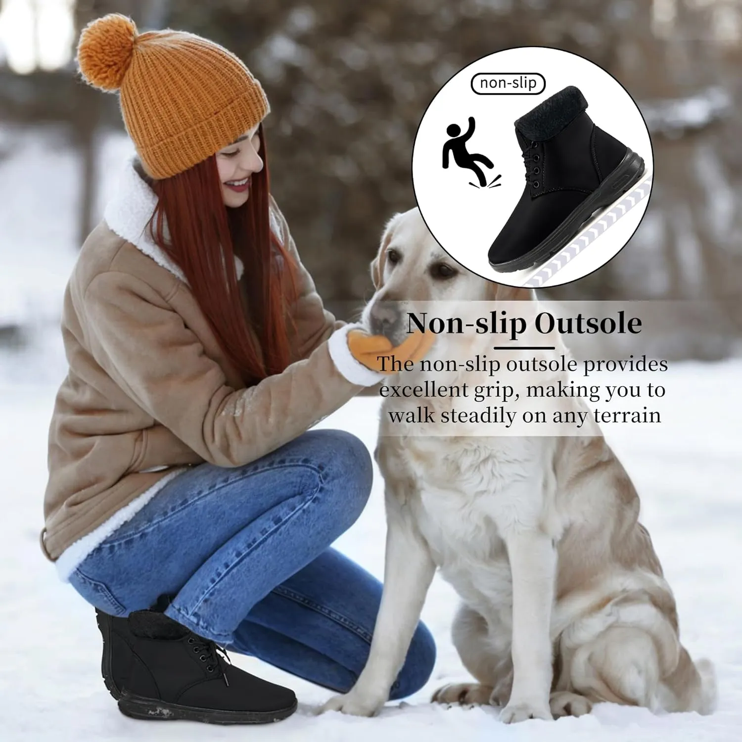 Ecetana Winter Boots for Women Snow Warm Fur Lined Waterproof Ankle Booties Lace Up Non Slip Flat Comfortable Womens Shoes