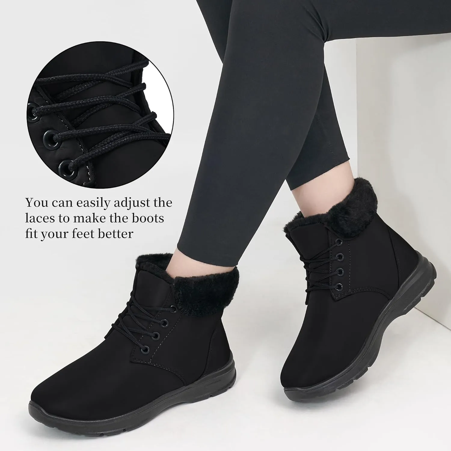 Ecetana Winter Boots for Women Snow Warm Fur Lined Waterproof Ankle Booties Lace Up Non Slip Flat Comfortable Womens Shoes