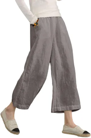 ECUPPER Womens Linen Cropped Pants Loose Casual Capri Cotton Wide Leg Plus Size Elastic Waist with Drawstring Trouses