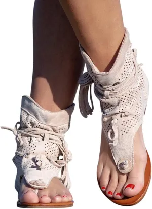Eduavar Sandals Women Comfortable, Orthopedic Sandals for Women Bohemian Gladiator Fringe Flat Clip Toe Ankle Boots