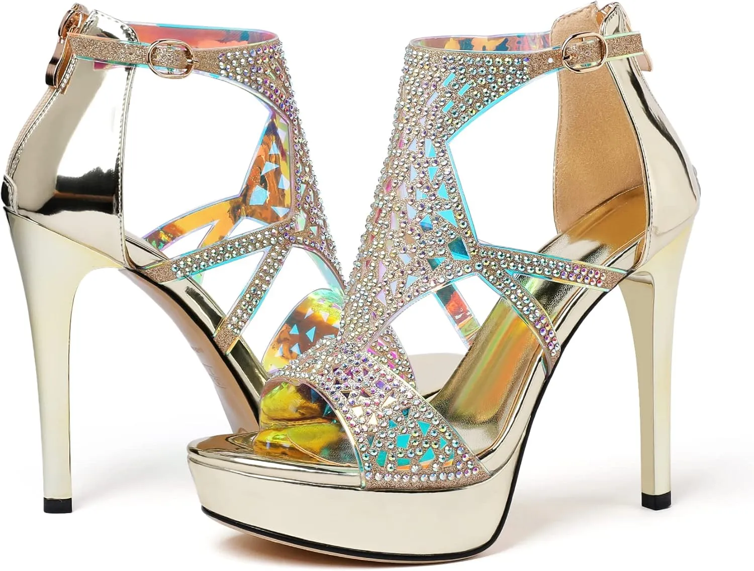 Eldof High Heeled Sandals for Women, Open Toe Strappy Platform Sandals, Cutout Gladiator Heels with Rinestones, Pumps Shoes for Dress Party Evening Summer