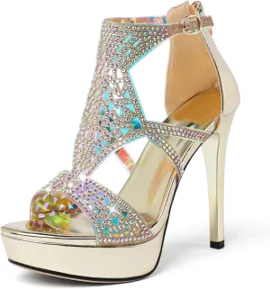 Eldof High Heeled Sandals for Women, Open Toe Strappy Platform Sandals, Cutout Gladiator Heels with Rinestones, Pumps Shoes for Dress Party Evening Summer