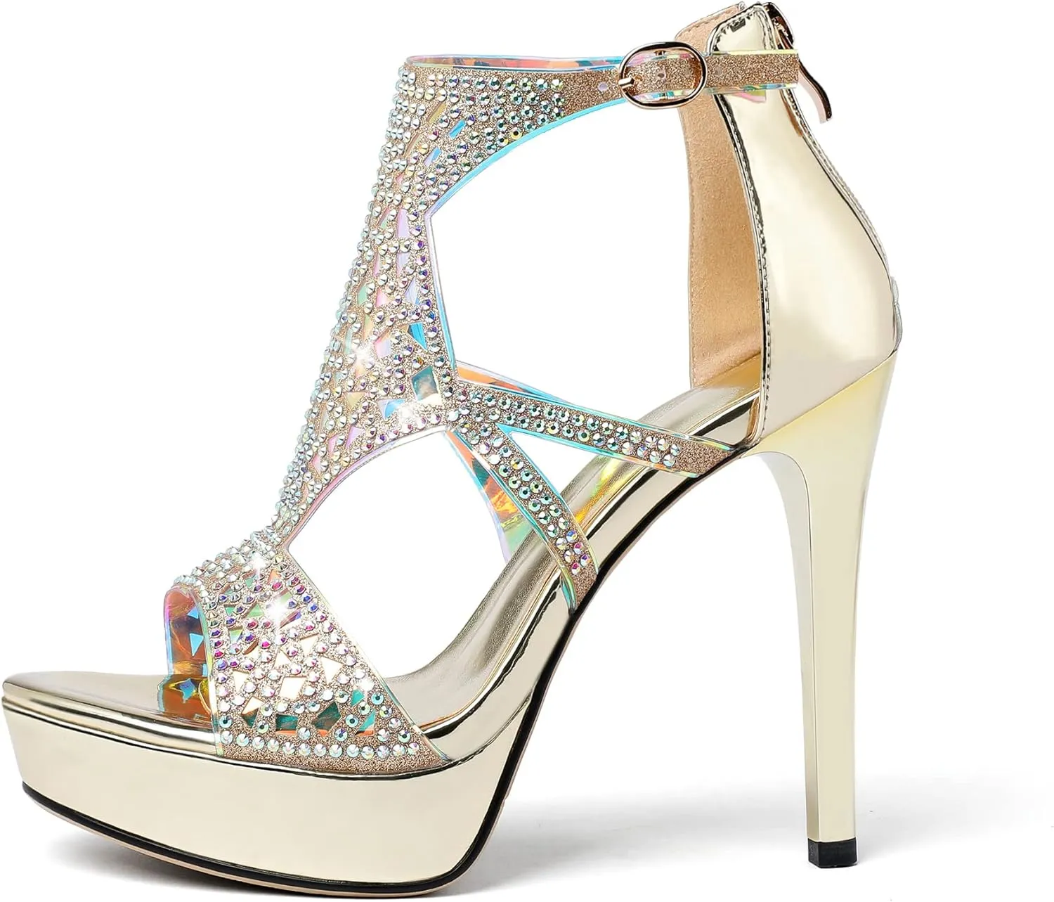 Eldof High Heeled Sandals for Women, Open Toe Strappy Platform Sandals, Cutout Gladiator Heels with Rinestones, Pumps Shoes for Dress Party Evening Summer