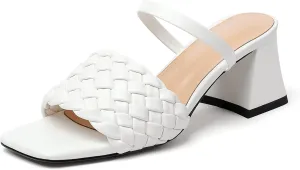 Eldof Women's Braided Sandals Square Open Toe Slip On Block Heel Mule Slippers Woven Two Strap Chunky Heeled Sandals Backless Low Heel Dress Pump Shoes for Summer